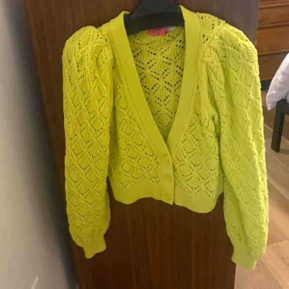 Neon green cardigan with shoulder pads